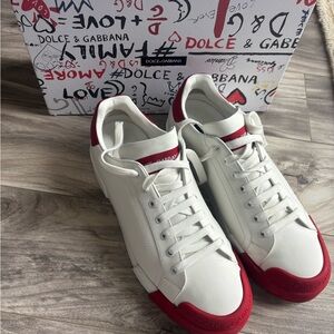 Dolce & Gabbana Men's White Sneakers with Red Accents